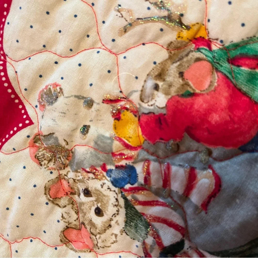 Festive Hand quilted and Decorated Red and Green Mouse Holiday Tree Skirt